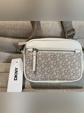 DKNY Beige and White Monogram Crossbody Bag